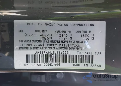 2020 Mazda Mazda3 Preferred Package из США, поврежденный, VIN JM1BPADL8L1165551